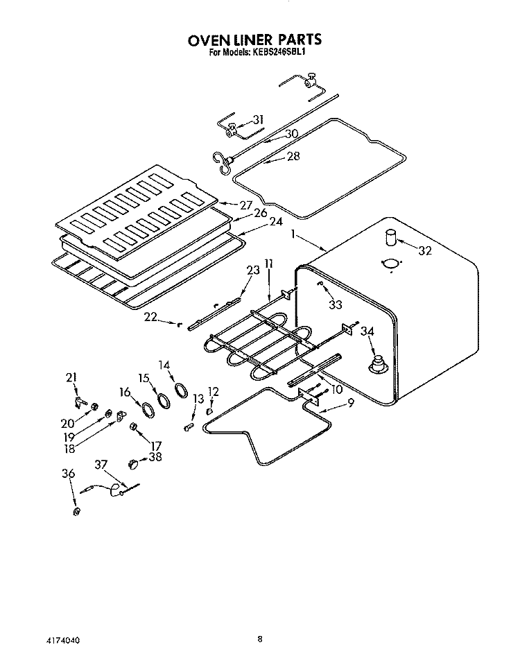 OVEN LINER Diagram and Parts List for KEBS246SBL1  KitchenAid Wall Oven