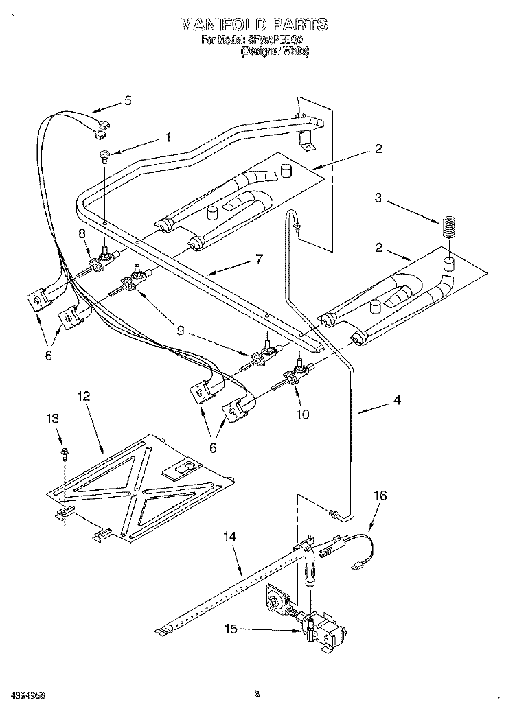 MANIFOLD Diagram and Parts List for SF305PEEQ0  Whirlpool Range