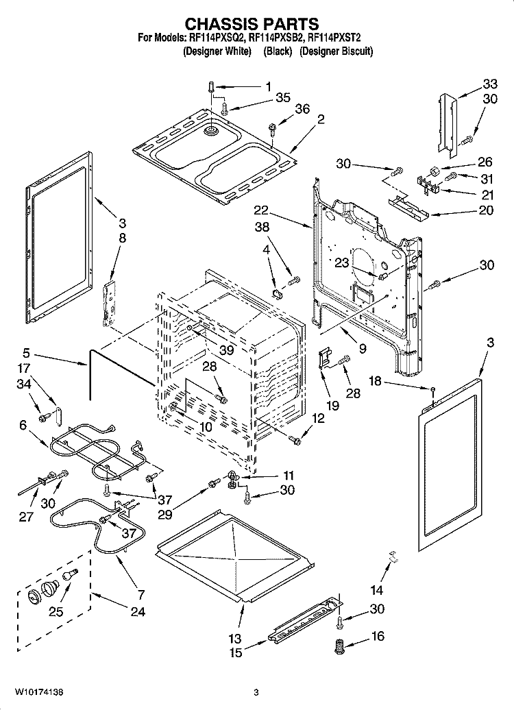 CHASSIS PARTS Diagram and Parts List for RF114PXSB2  Whirlpool Range