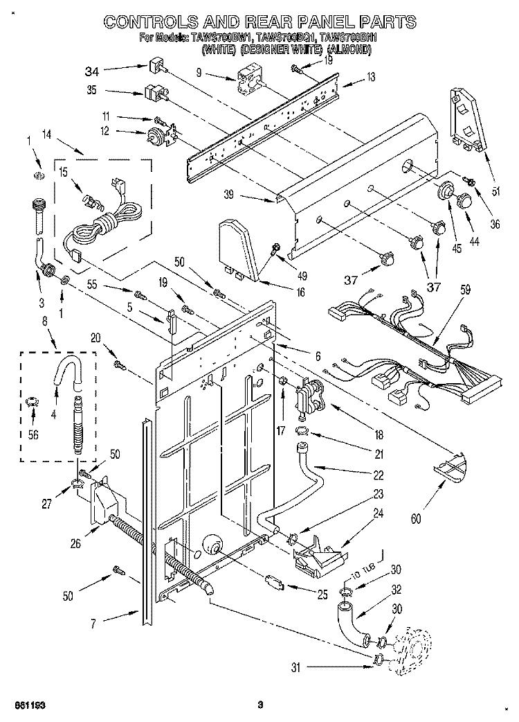 CONTROLS AND REAR PANEL Diagram and Parts List for TAWS700BN1  Estate Washer