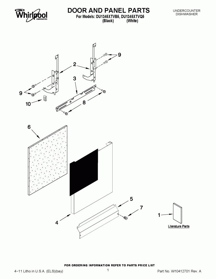DOOR AND PANEL PARTS Diagram and Parts List for DU1345XTVB5  Whirlpool Dishwasher