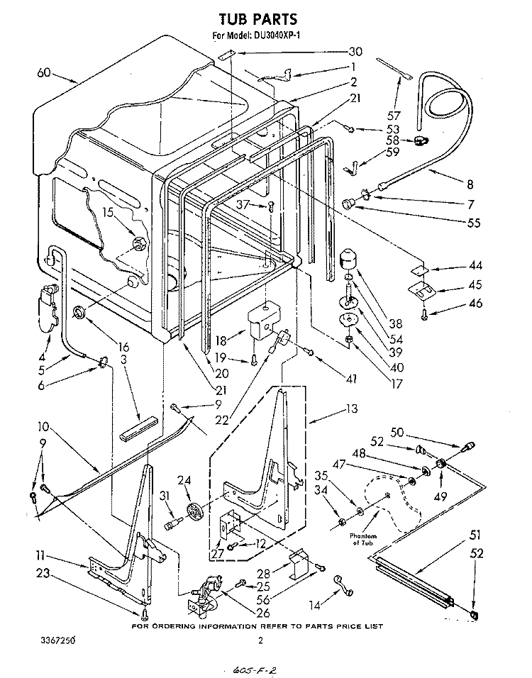 TUB Diagram and Parts List for DU3040XP1  Whirlpool Dishwasher