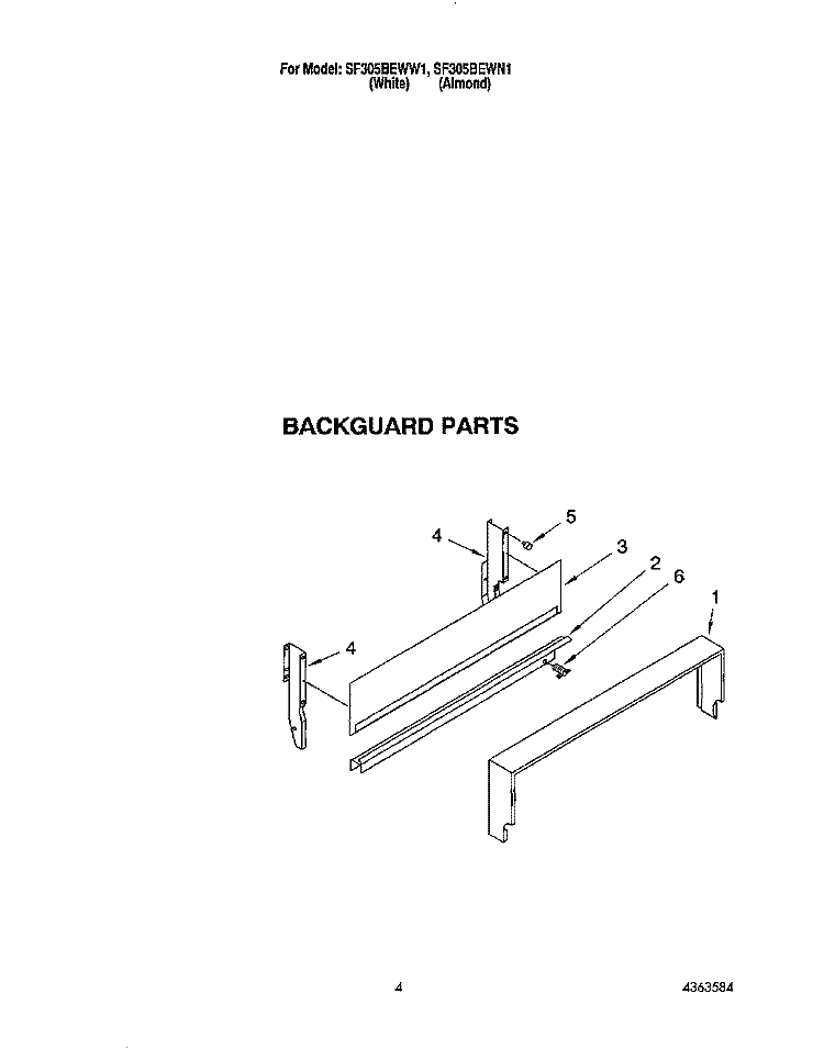 BACKGUARD Diagram and Parts List for SF305BEWN1  Whirlpool Range