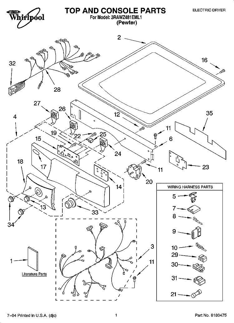 TOP AND CONSOLE PARTS Diagram and Parts List for 3RAWZ481EML1  Whirlpool Dryer