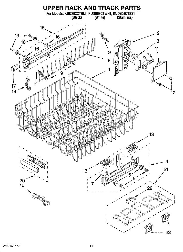UPPER RACK AND TRACK PARTS Diagram and Parts List for KUDS03CTWH1  KitchenAid Dishwasher