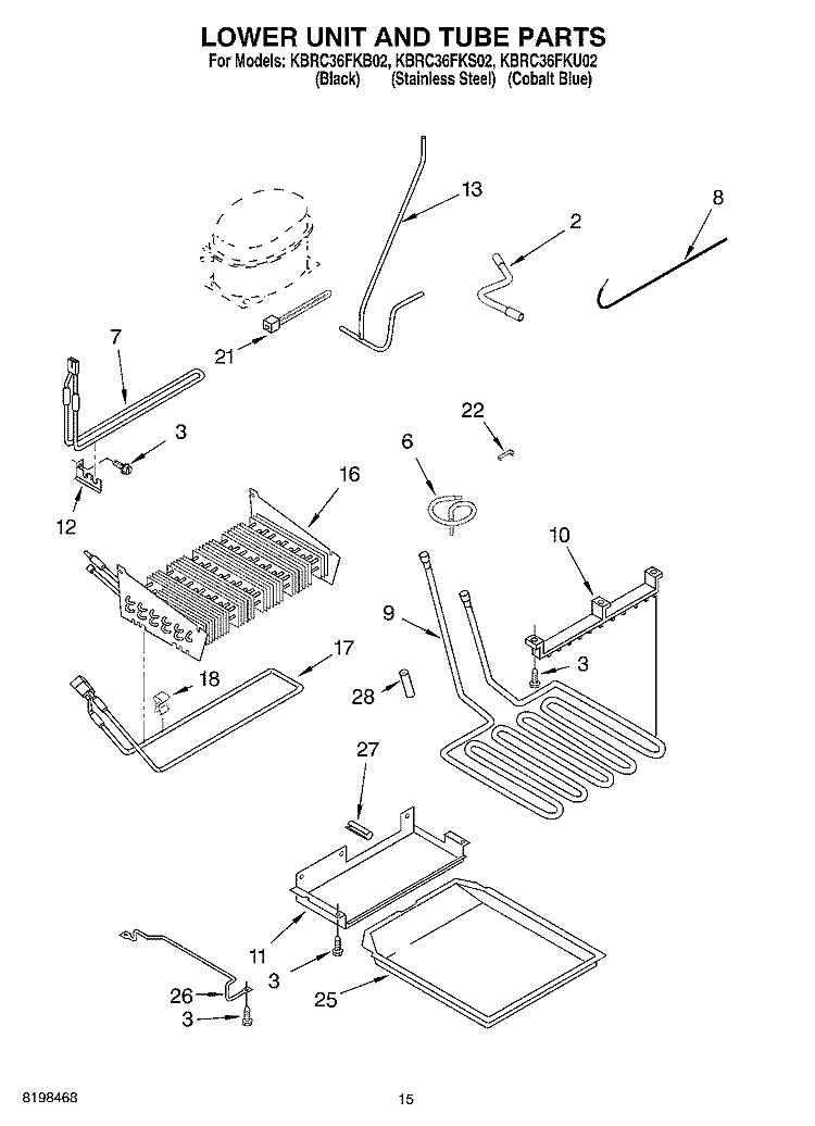 LOWER UNIT AND TUBE PARTS Diagram and Parts List for KBRC36FKS02  KitchenAid Refrigerator