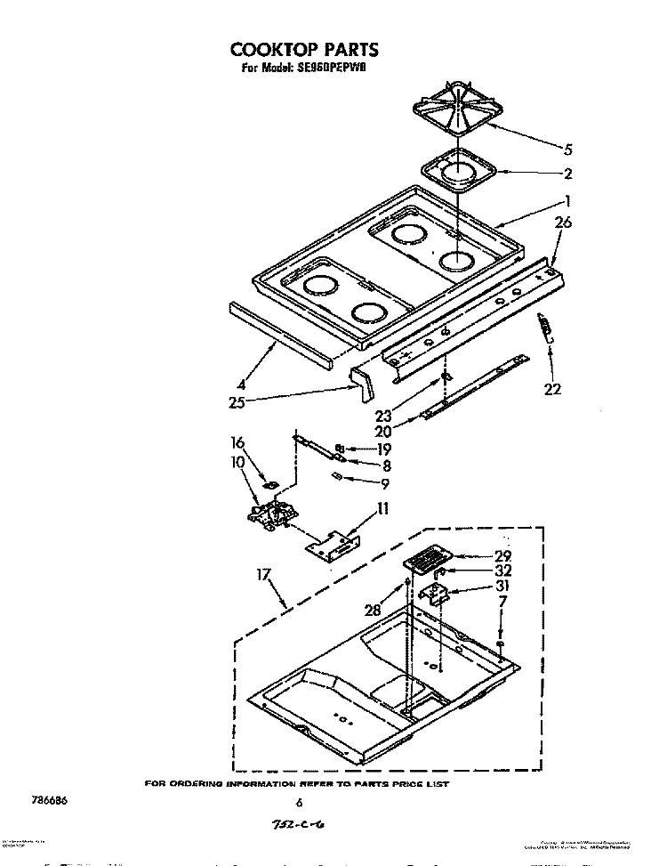 COOKTOP Diagram and Parts List for SE960PEPW0  Whirlpool Range
