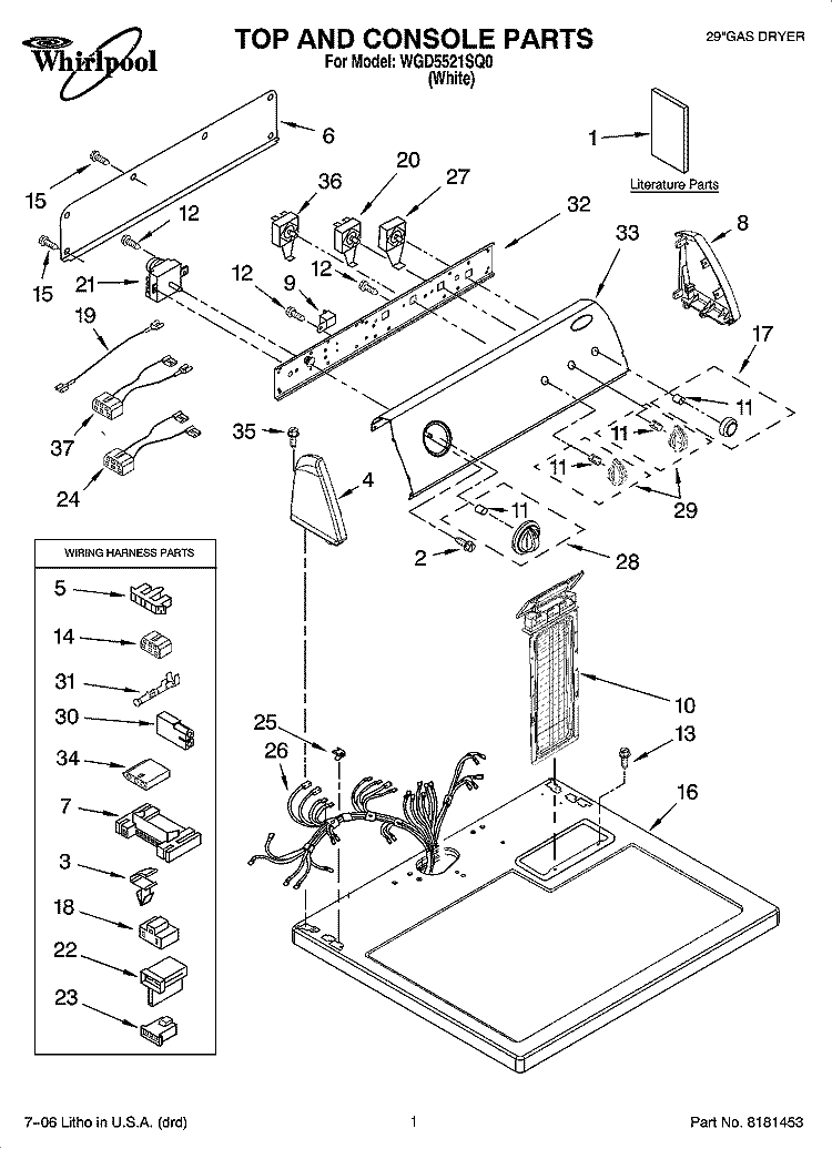 TOP AND CONSOLE PARTS Diagram and Parts List for WGD5521SQ0  Whirlpool Dryer