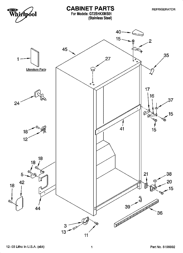 CABINET PARTS Diagram and Parts List for GT2SHKXMS01  Whirlpool Refrigerator