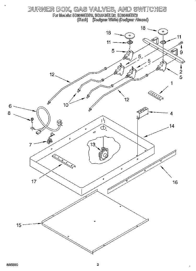 BURNER BOX, GAS VALVES, AND SWITCHES Diagram and Parts List for SC8640EDB3  Whirlpool Cooktop