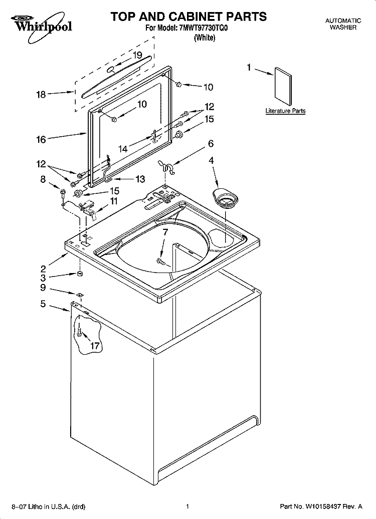 TOP AND CABINET PARTS Diagram and Parts List for 7MWT97730TQ0  Whirlpool Washer