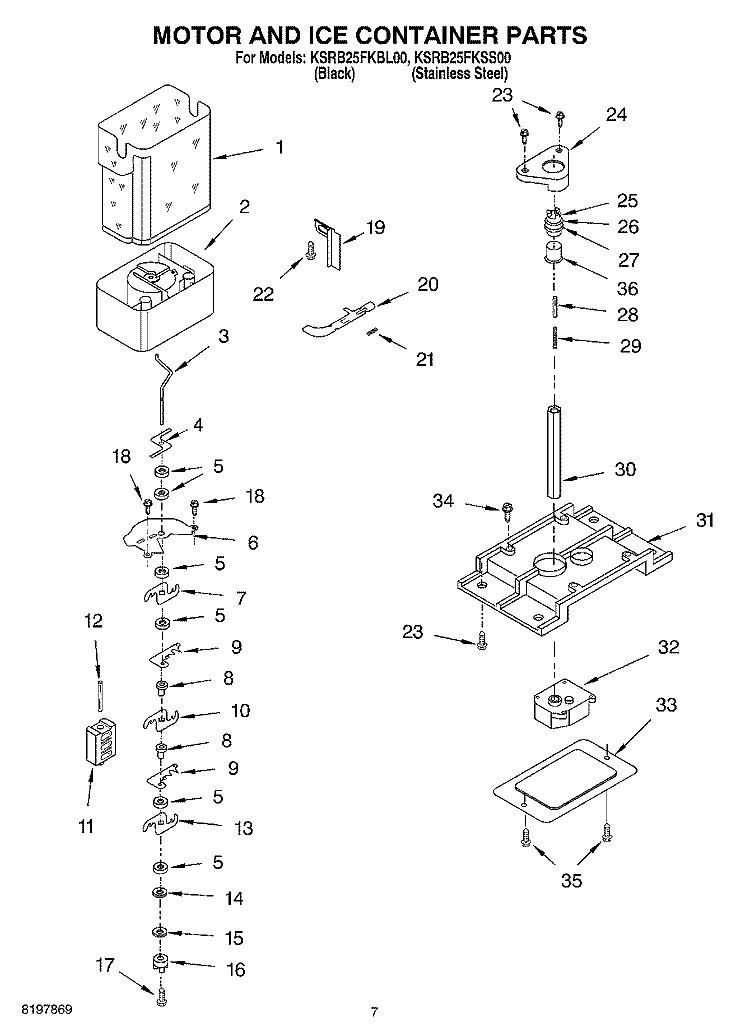 MOTOR AND ICE CONTAINER Diagram and Parts List for KSRB25FKSS00  KitchenAid Refrigerator