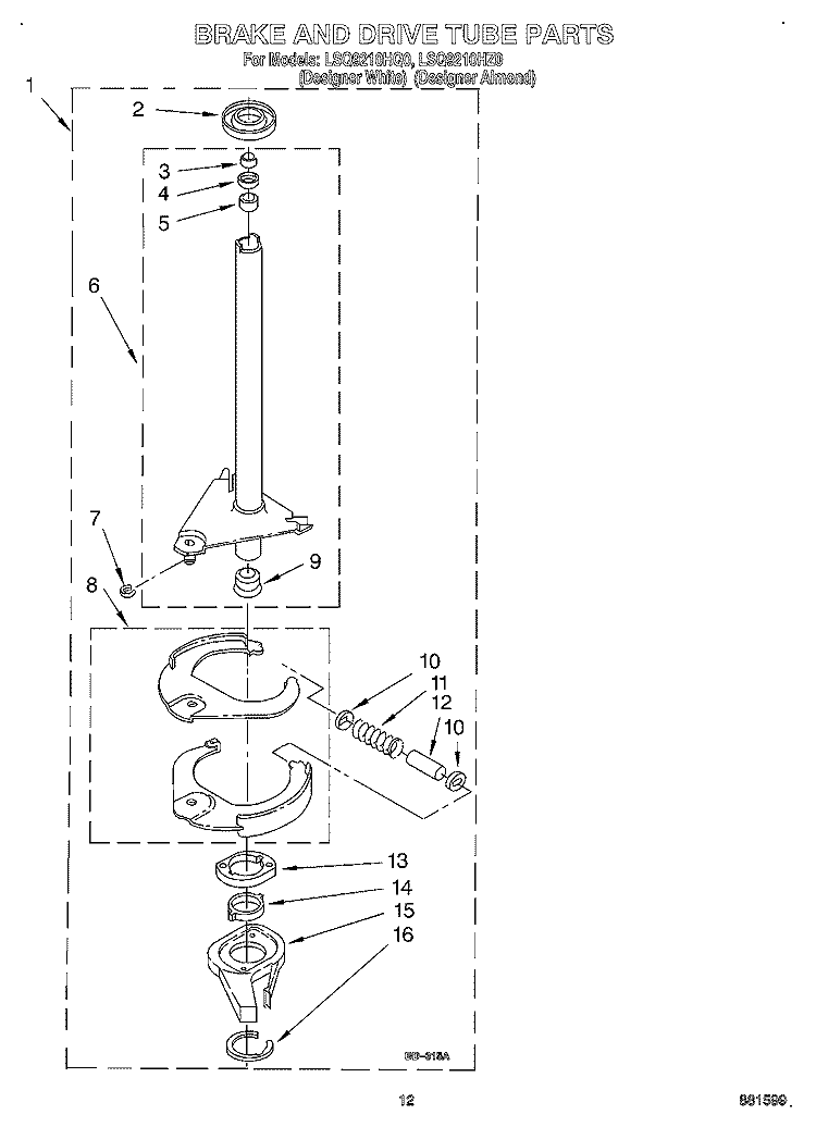 BRAKE AND DRIVE TUBE Diagram and Parts List for LSQ9210HZ0  Whirlpool Washer