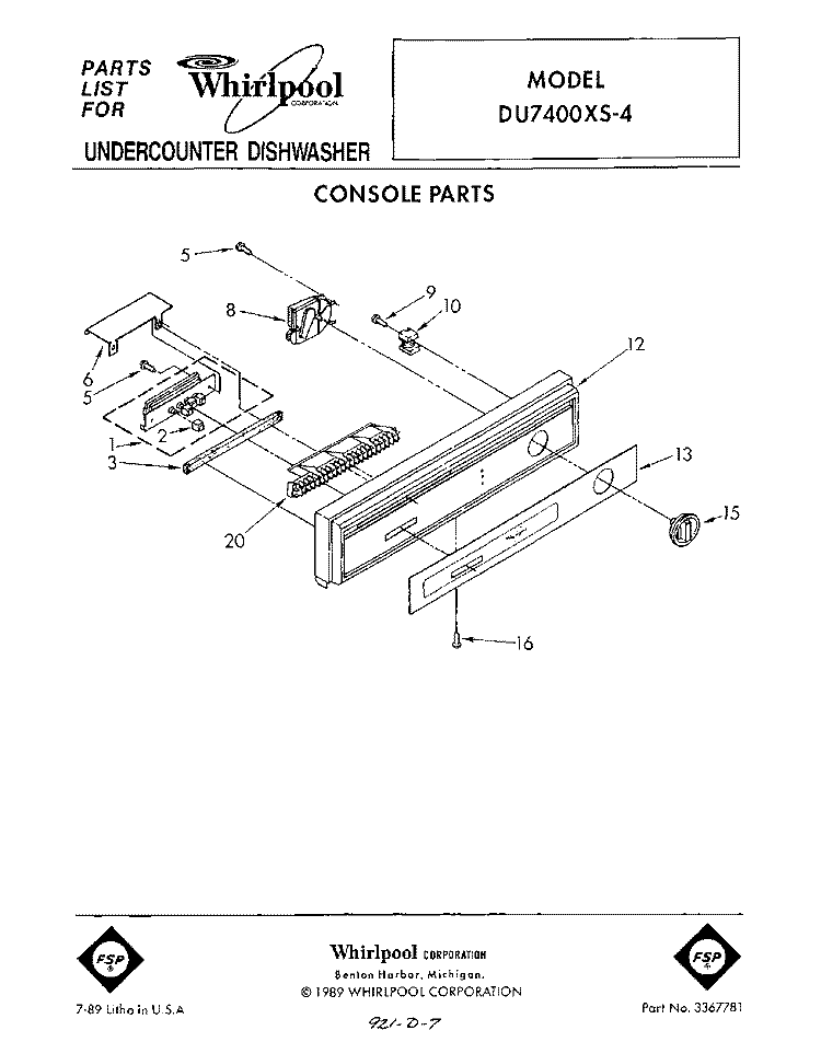 CONSOLE Diagram and Parts List for DU7400XS4  Whirlpool Dishwasher