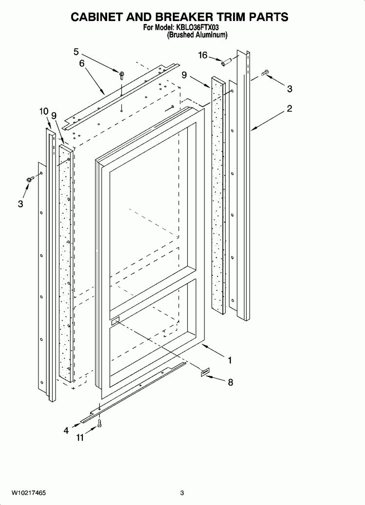 CABINET AND BREAKER TRIM PARTS Diagram and Parts List for KBLO36FTX03  KitchenAid Refrigerator