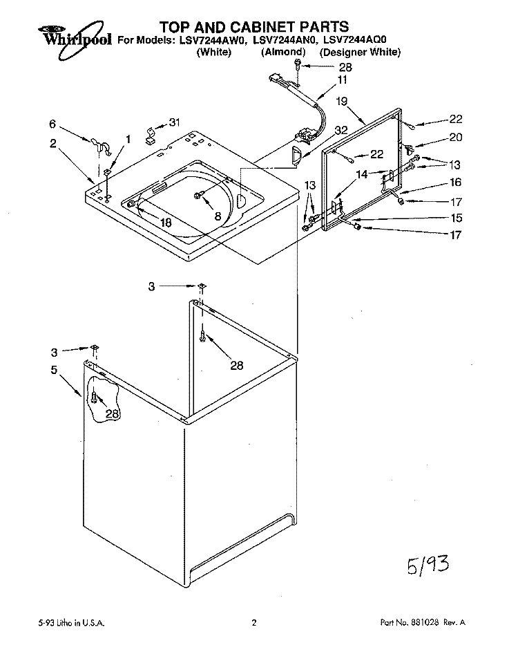 TOP AND CABINET, LIT/OPTIONAL Diagram and Parts List for LSV7244AN0  Whirlpool Washer