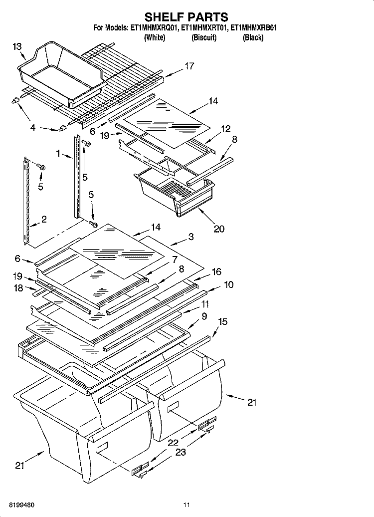 SHELF PARTS, OPTIONAL PARTS Diagram and Parts List for ET1MHMXRB01  Whirlpool Refrigerator
