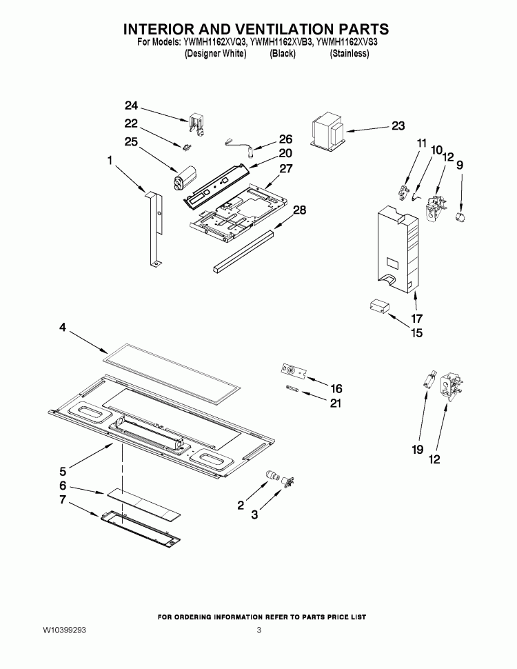 INTERIOR AND VENTILATION PARTS Diagram and Parts List for YWMH1162XVB3  Whirlpool Microwave
