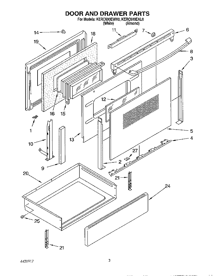 DOOR AND DRAWER Diagram and Parts List for KERC600EAL0  KitchenAid Range