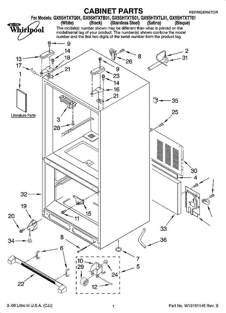 CABINET PARTS Diagram and Parts List for GX5SHTXTB01  Whirlpool Refrigerator