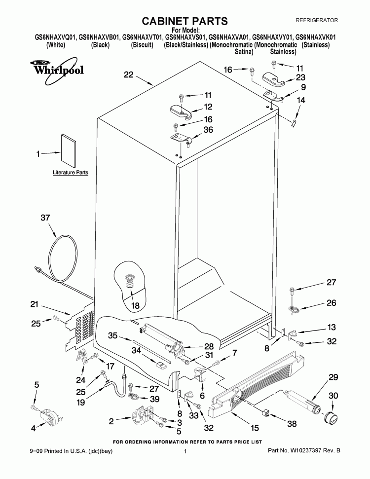CABINET PARTS Diagram and Parts List for GS6NHAXVK01  Whirlpool Refrigerator