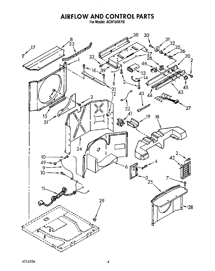 AIRFLOW AND CONTROL Diagram and Parts List for ACH184XY0  Whirlpool Air Conditioner
