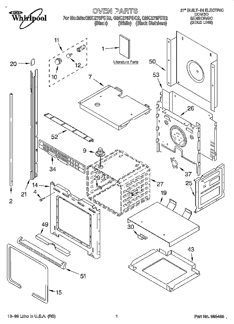 OVEN, LITERATURE Diagram and Parts List for GMC275PDS2  Whirlpool Microwave Oven Combo