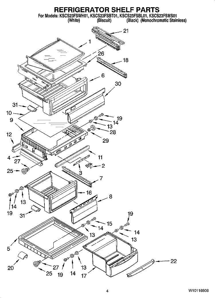 REFRIGERATOR SHELF PARTS Diagram and Parts List for KSCS23FSBT01  KitchenAid Refrigerator