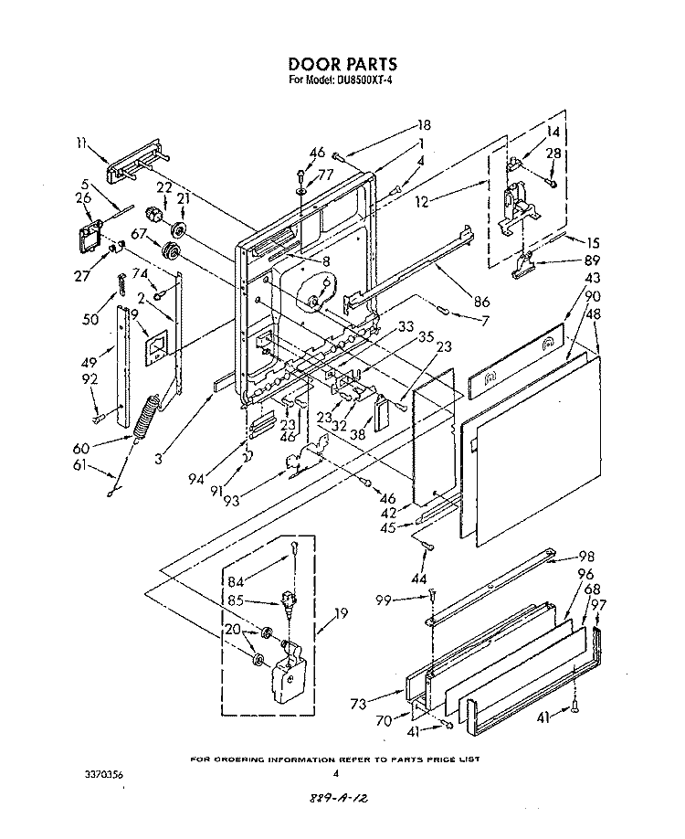 DOOR Diagram and Parts List for DU8500XT4  Whirlpool Dishwasher