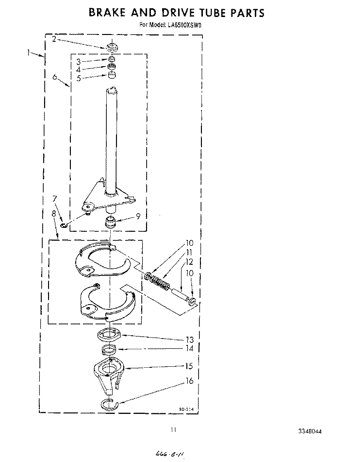 BRAKE AND DRIVE TUBE Diagram and Parts List for LA6500XSW0  Whirlpool Washer