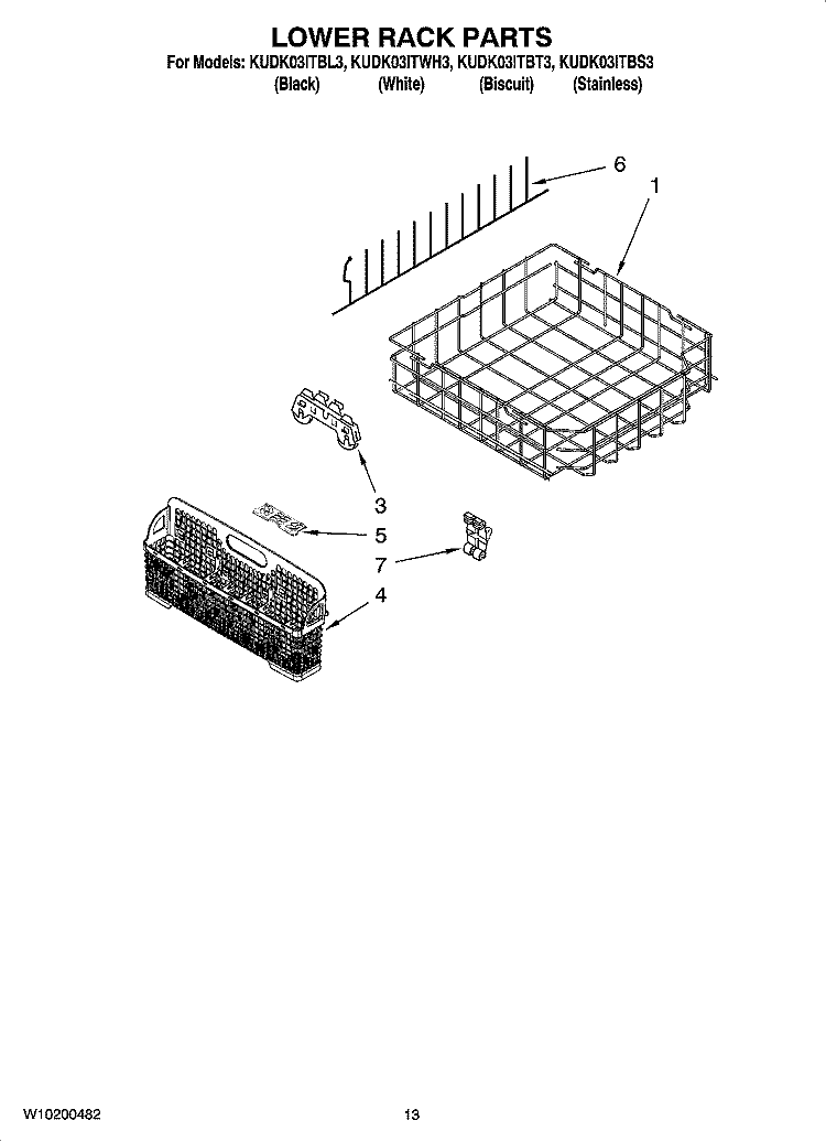 LOWER RACK PARTS, OPTIONAL PARTS (NOT INCLUDED) Diagram and Parts List for KUDK03ITBT3  KitchenAid Dishwasher