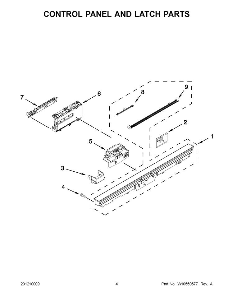 CONTROL PANEL AND LATCH PARTS Diagram and Parts List for KUDE50FBSS0  KitchenAid Dishwasher