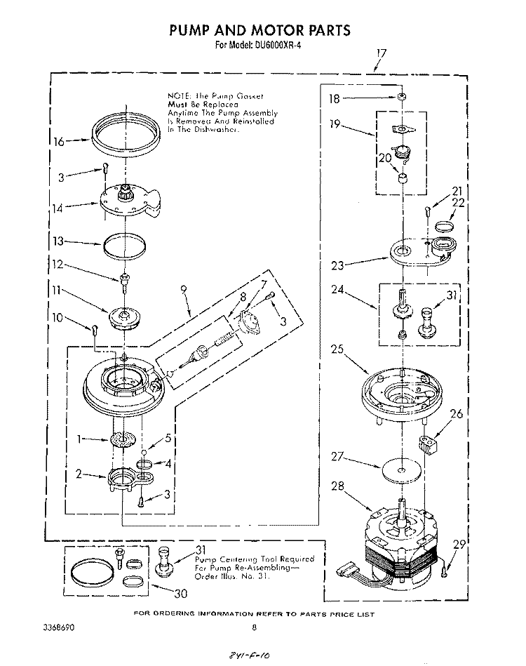 PUMP AND MOTOR Diagram and Parts List for DU6000XR4  Whirlpool Dishwasher