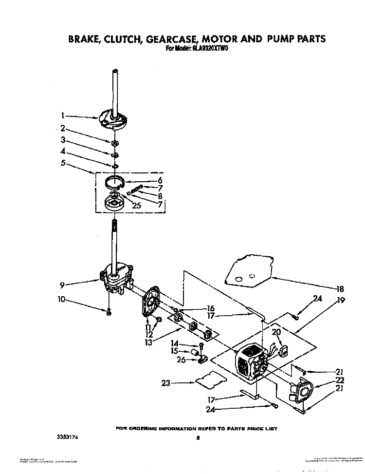 BRAKE, CLUTCH, GEARCASE, MOTOR AND PUMP Diagram and Parts List for 6LA9320XTW0  Whirlpool Washer