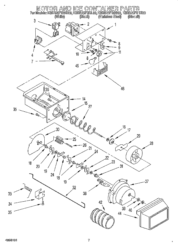 MOTOR AND ICE CONTAINER Diagram and Parts List for KSRB25FGBT00  KitchenAid Refrigerator
