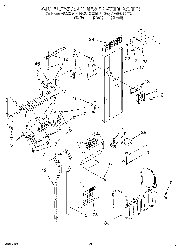 AIR FLOW AND RESERVOIR Diagram and Parts List for KSSS36MHT00  KitchenAid Refrigerator