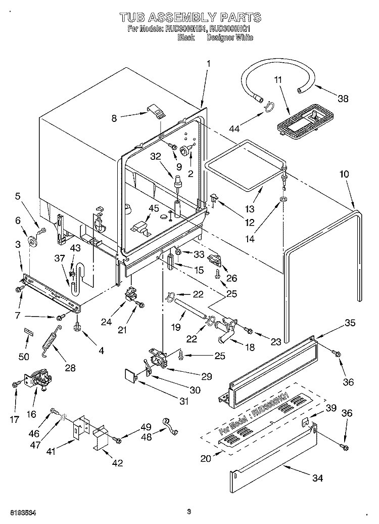 TUB ASSEMBLY Diagram and Parts List for RUD3000HB1  Roper Dishwasher