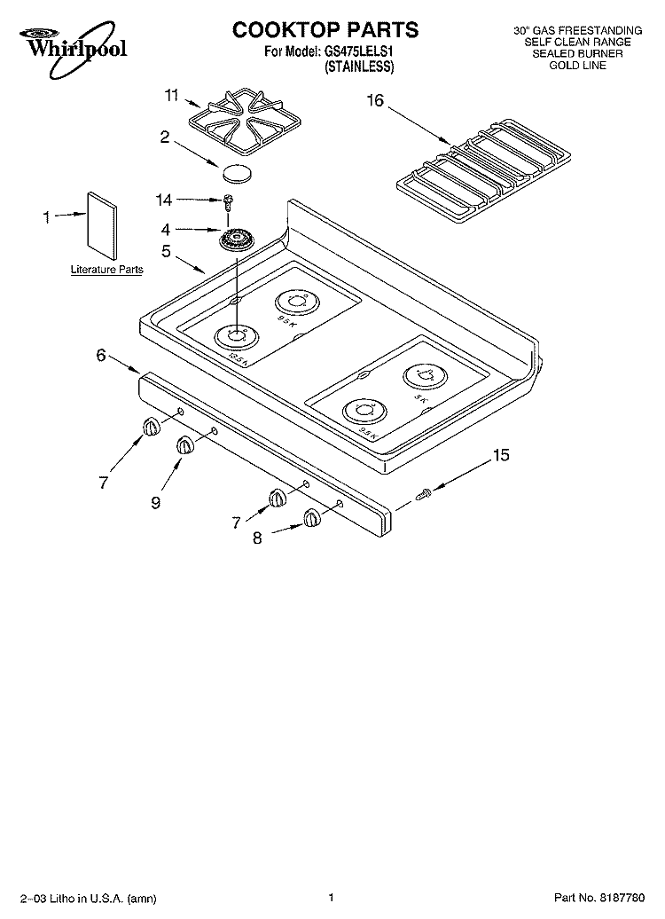 COOKTOP PARTS Diagram and Parts List for GS475LELS1  Whirlpool Range
