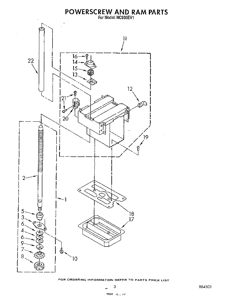 POWER SCREW AND RAM Diagram and Parts List for NC800EV1  Whirlpool Trash Compactor