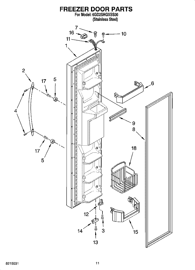 FREEZER DOOR PARTS Diagram and Parts List for 6GD2SHGXSS00  Whirlpool Refrigerator