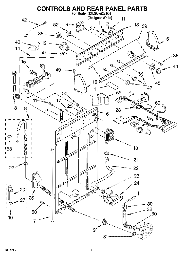 CONTROLS AND REAR PANEL PARTS Diagram and Parts List for 3XLSQ7533JQ1  Whirlpool Washer