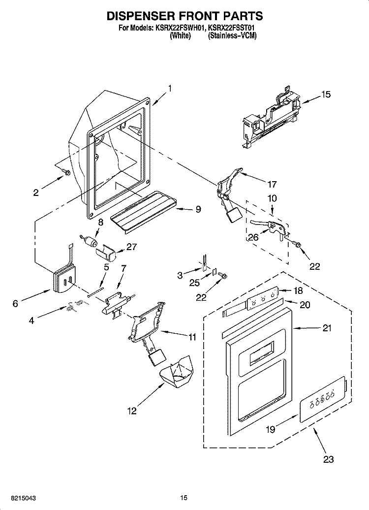 DISPENSER FRONT PARTS Diagram and Parts List for KSRX22FSWH01  KitchenAid Refrigerator