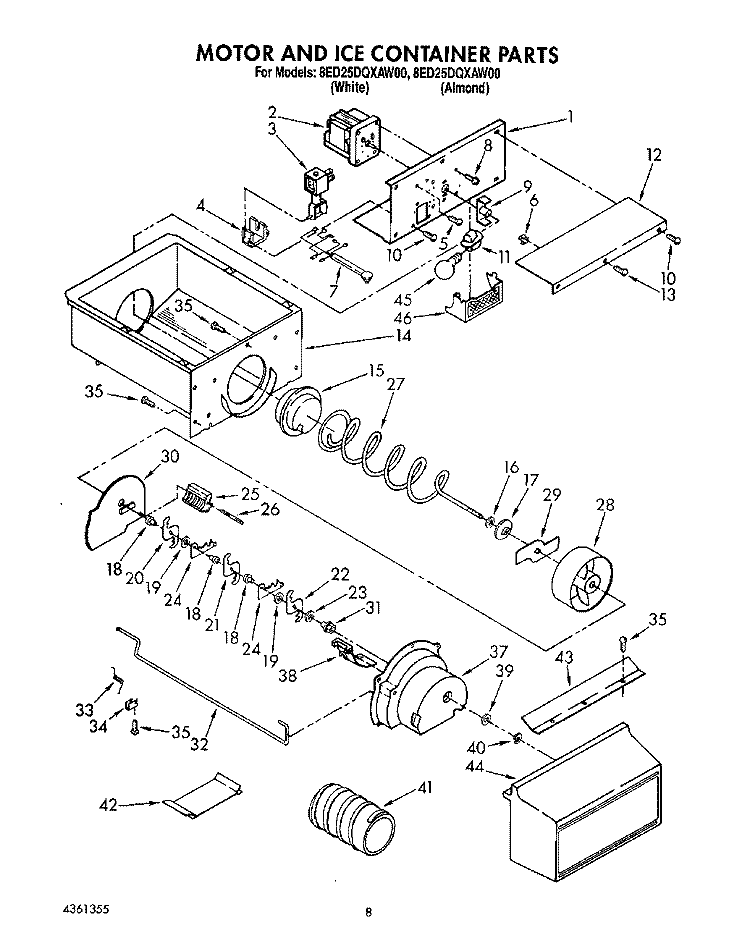 MOTOR AND ICE CONTAINER Diagram and Parts List for 8ED25DQXAN00  Whirlpool Refrigerator