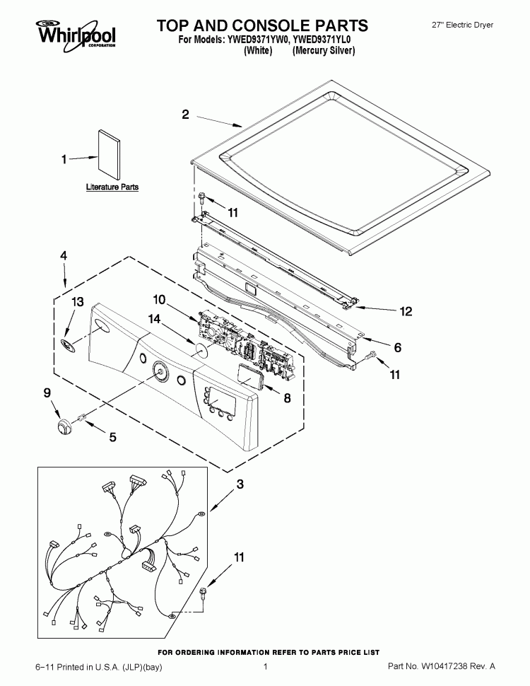 TOP AND CONSOLE PARTS Diagram and Parts List for YWED9371YL0  Whirlpool Dryer
