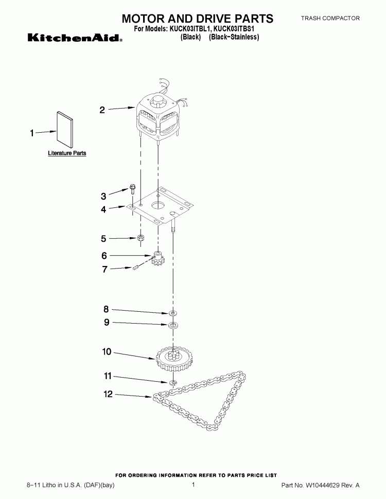 MOTOR AND DRIVE PARTS Diagram and Parts List for KUCK03ITBS1  KitchenAid Trash Compactor