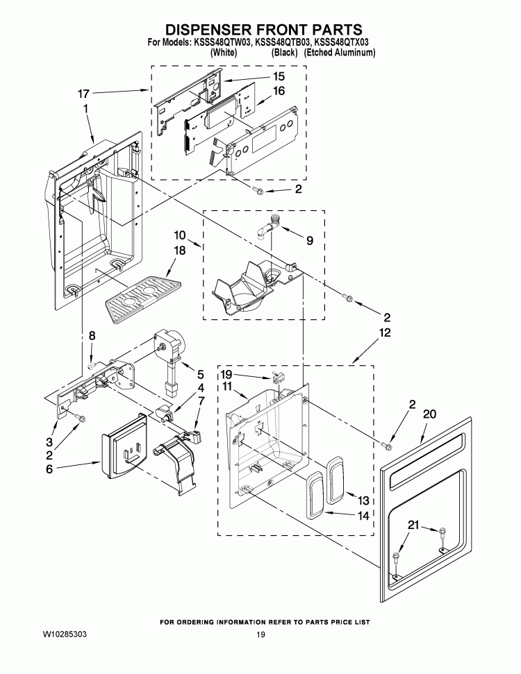 DISPENSER FRONT PARTS Diagram and Parts List for KSSS48QTW03  KitchenAid Refrigerator