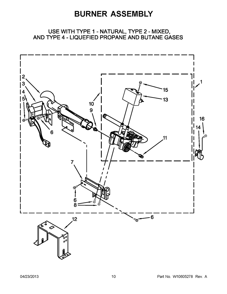 BURNER ASSEMBLY Diagram and Parts List for WGD70HEBW0  Whirlpool Dryer
