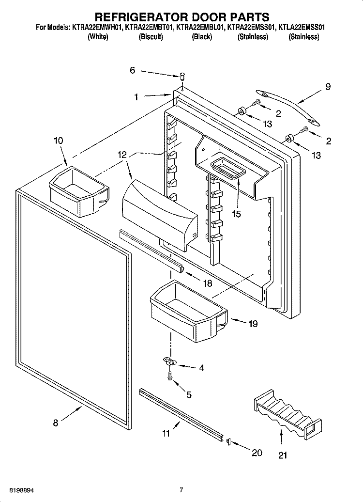 REFRIGERATOR DOOR PARTS Diagram and Parts List for KTRA22EMWH01  KitchenAid Refrigerator