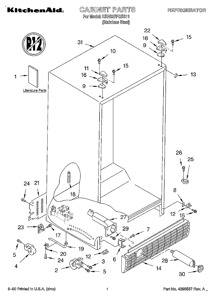 CABINET, LITERATURE Diagram and Parts List for KSRS27FGSS11  KitchenAid Refrigerator