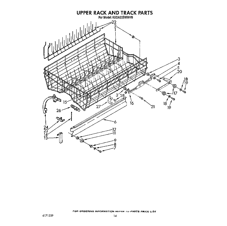 UPPER RACK AND TRACK Diagram and Parts List for KUDA22SWWH0  KitchenAid Dishwasher
